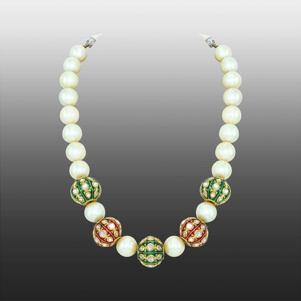South Sea Pearl Necklace with Polki Red and Green Enamel Beads